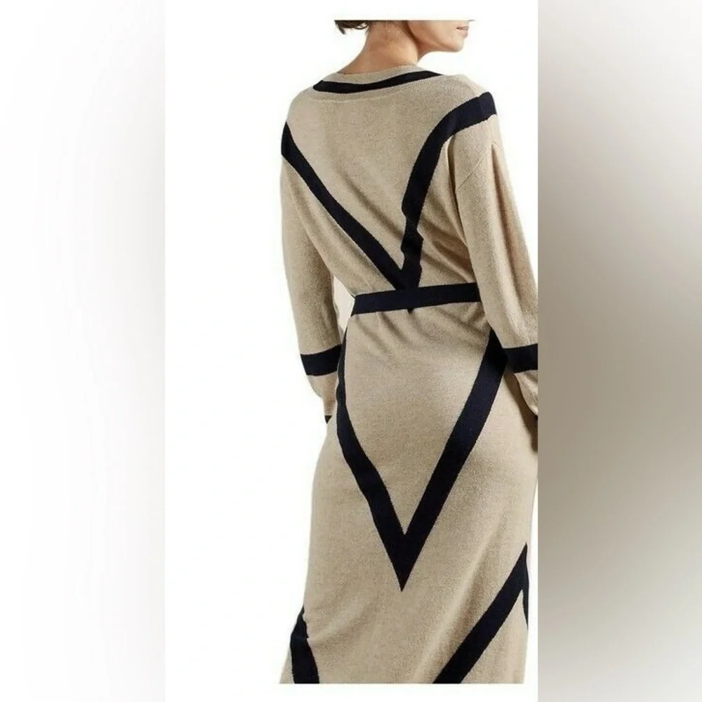 Ted Baker Merino Wool Cashmere Knit Long Sleeve Cream Black Midi Sweater Dress - Picture 2 of 9